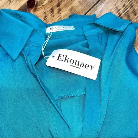 Ekouer teal v- neck shirt dress long sleeve with pockets NWT - Picture 9 of 10